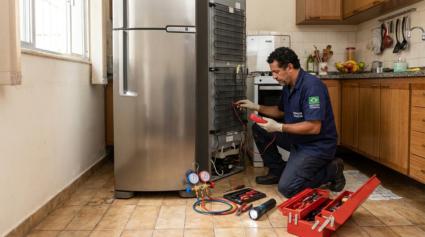Técnico realizando manutenção de motor de geladeira em Uberaba‑MG