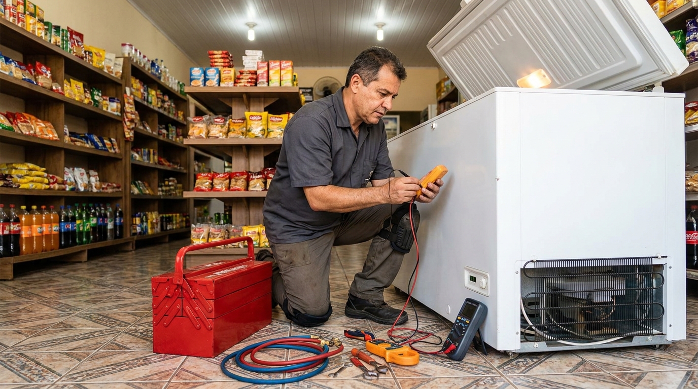 Recarga de gás refrigerante em freezer em atendimento em Uberaba‑MG